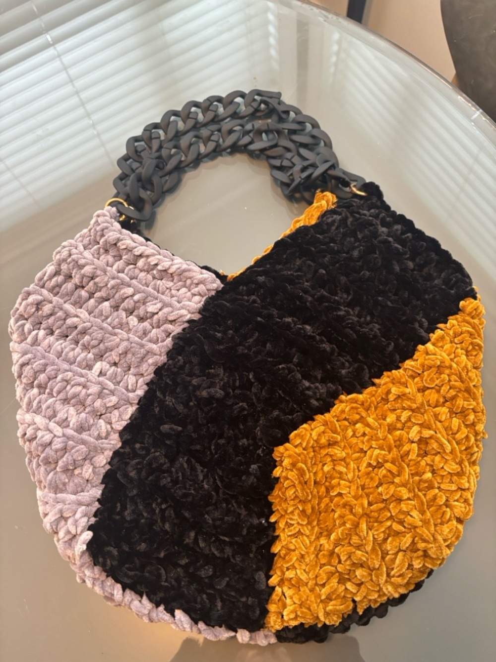 Crocheted Velour Shoulder Bag Silver, Black & Mustard with Plastic chain Strap